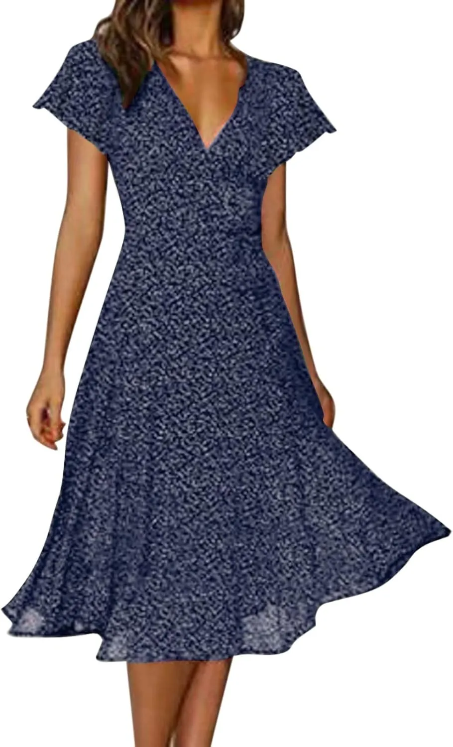 Casual Summer Dresses for Women Polka Dot Print V Neck Short Sleeve Ruffle Flowy Boho Floral Dress Midi Length