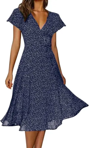 Casual Summer Dresses for Women Polka Dot Print V Neck Short Sleeve Ruffle Flowy Boho Floral Dress Midi Length