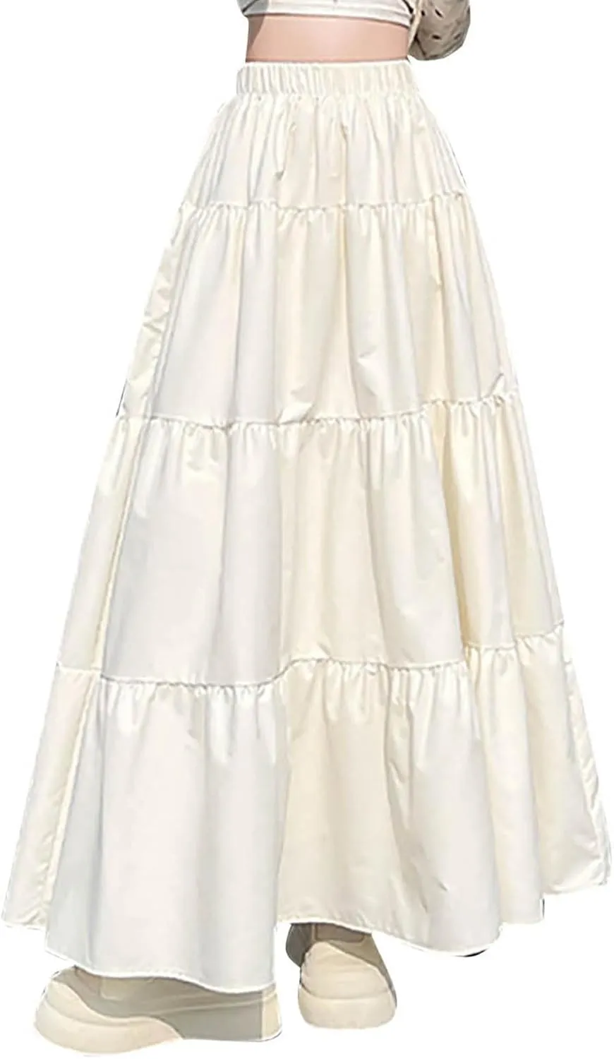 Casual Tiered Maxi Skirts for Women Cute Elastic High Waist Pleated Long Skirt Comfy A Linen Summer Dress