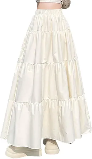 Casual Tiered Maxi Skirts for Women Cute Elastic High Waist Pleated Long Skirt Comfy A Linen Summer Dress