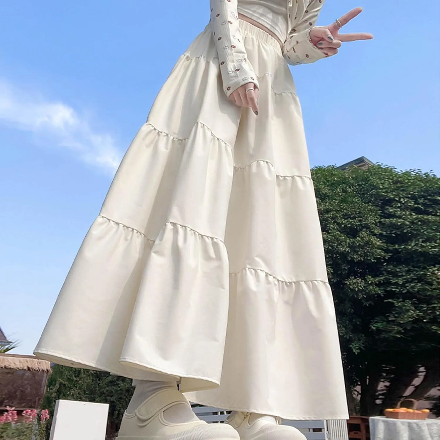 Casual Tiered Maxi Skirts for Women Cute Elastic High Waist Pleated Long Skirt Comfy A Linen Summer Dress