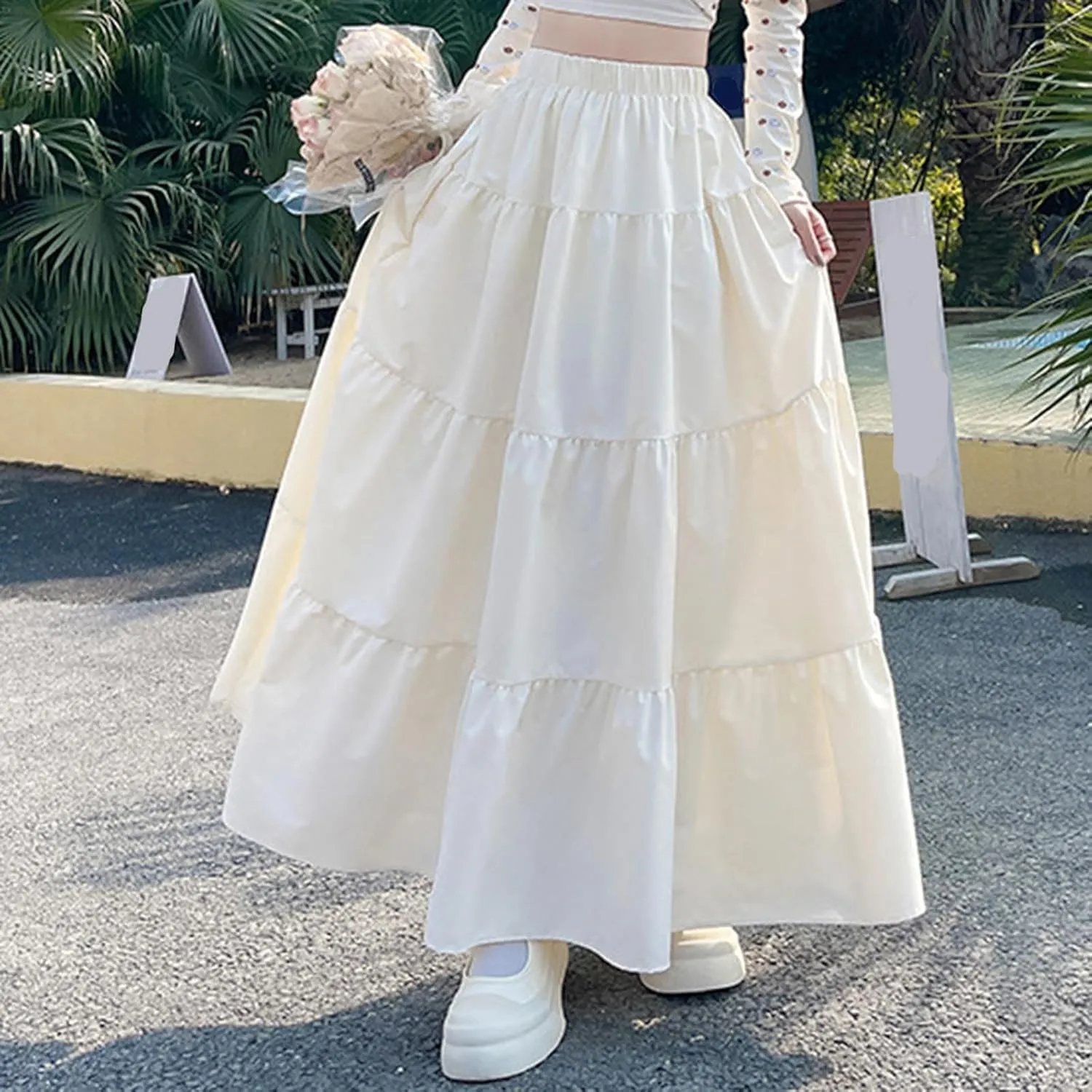 Casual Tiered Maxi Skirts for Women Cute Elastic High Waist Pleated Long Skirt Comfy A Linen Summer Dress