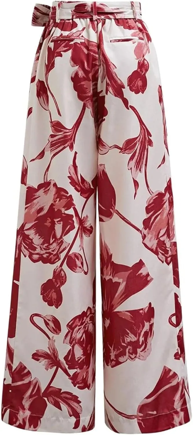 CHICWISH Women Wide Leg Pants Floral Printed High Elastic Waist Belted Summer Casual Long Trousers with Pockets Red