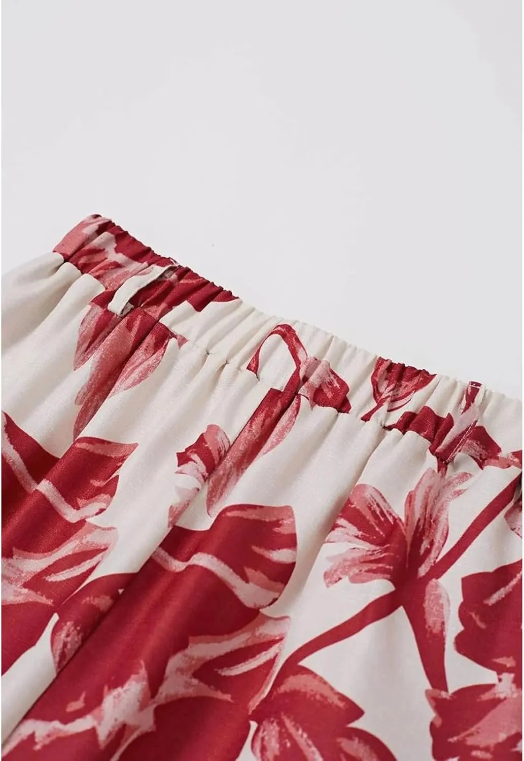 CHICWISH Women Wide Leg Pants Floral Printed High Elastic Waist Belted Summer Casual Long Trousers with Pockets Red