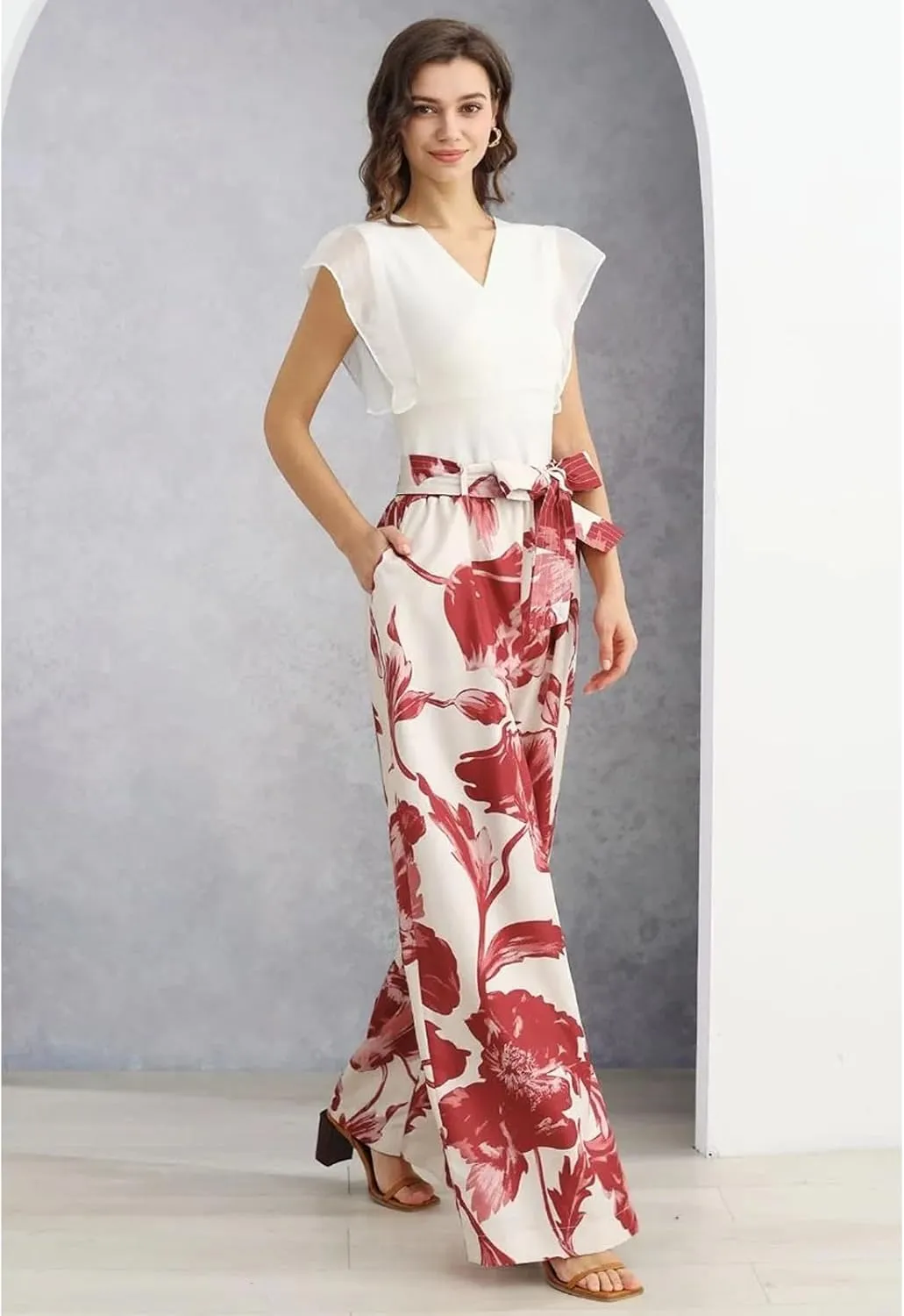 CHICWISH Women Wide Leg Pants Floral Printed High Elastic Waist Belted Summer Casual Long Trousers with Pockets Red