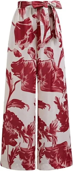 CHICWISH Women Wide Leg Pants Floral Printed High Elastic Waist Belted Summer Casual Long Trousers with Pockets Red