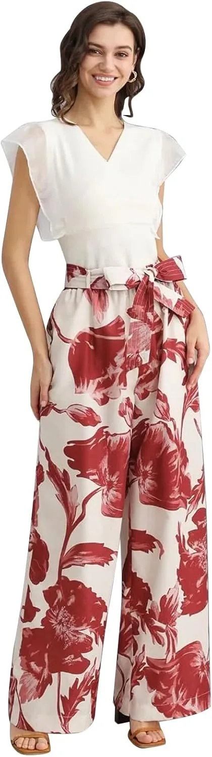 CHICWISH Women Wide Leg Pants Floral Printed High Elastic Waist Belted Summer Casual Long Trousers with Pockets Red