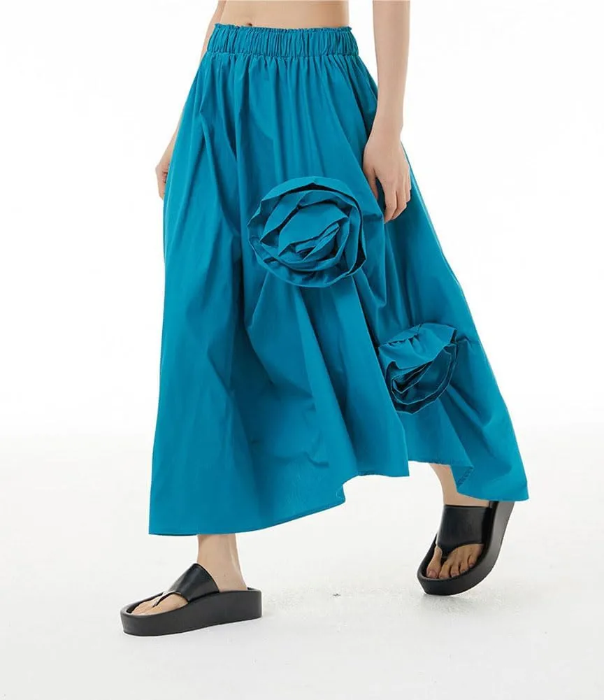 chouyatou Women's Cute 3D Floral Applique Baggy Skirt Elastic Waist Irregular Swing Midi Long Skirt with Pockets