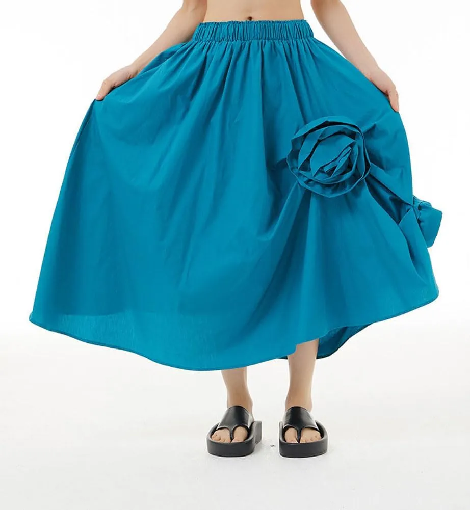 chouyatou Women's Cute 3D Floral Applique Baggy Skirt Elastic Waist Irregular Swing Midi Long Skirt with Pockets