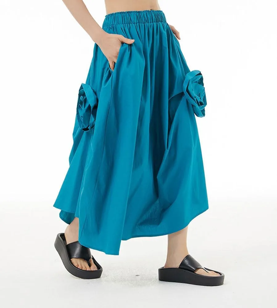 chouyatou Women's Cute 3D Floral Applique Baggy Skirt Elastic Waist Irregular Swing Midi Long Skirt with Pockets