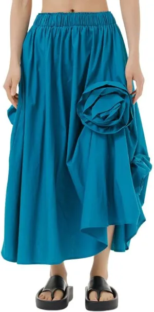 chouyatou Women's Cute 3D Floral Applique Baggy Skirt Elastic Waist Irregular Swing Midi Long Skirt with Pockets