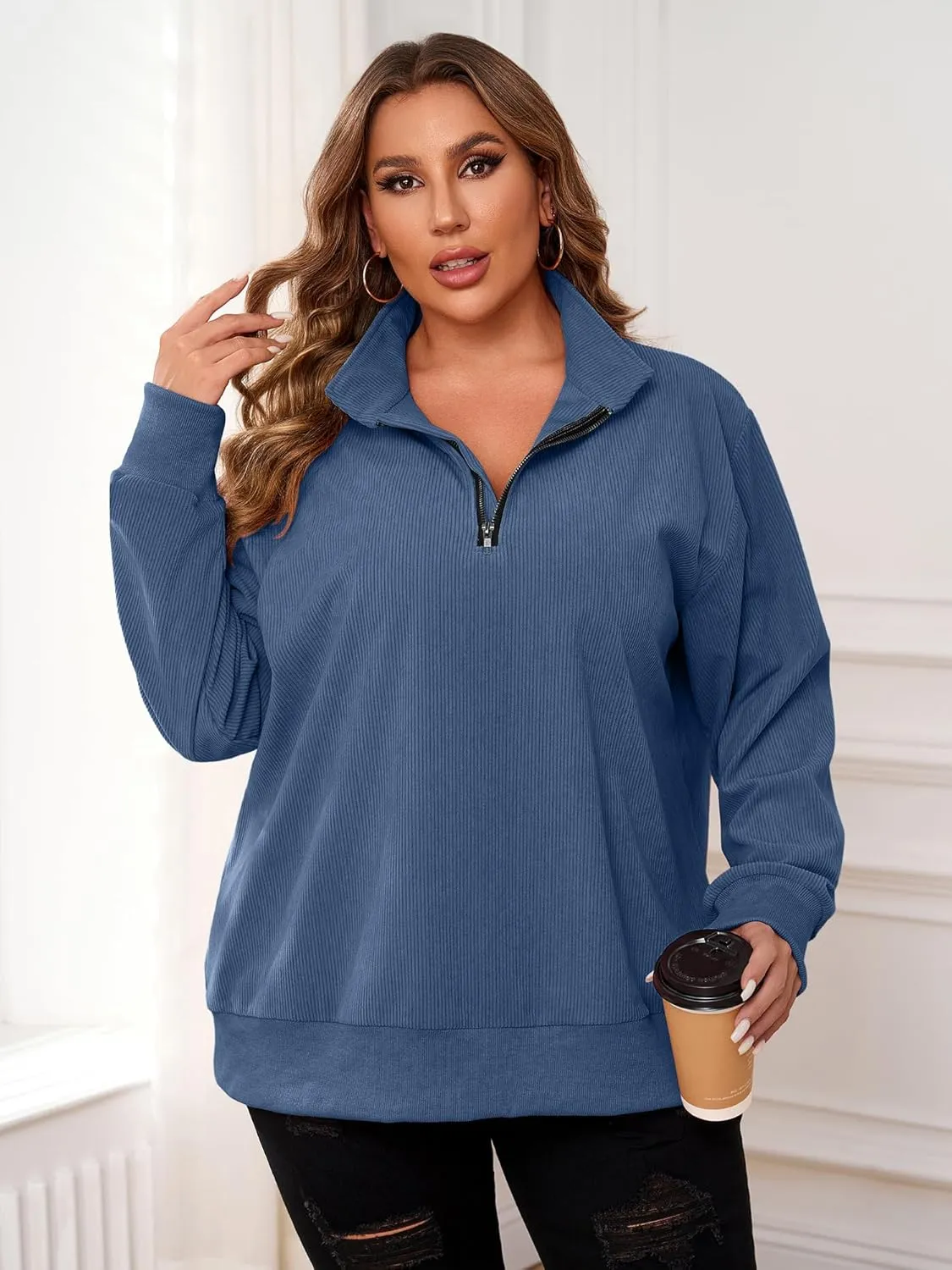 Chulianyouhuo Women Plus Size Oversized Sweatshirt Ribbed Corduroy Half Zip Pullover Tops Casual Long Sleeve Hoodies Clothes