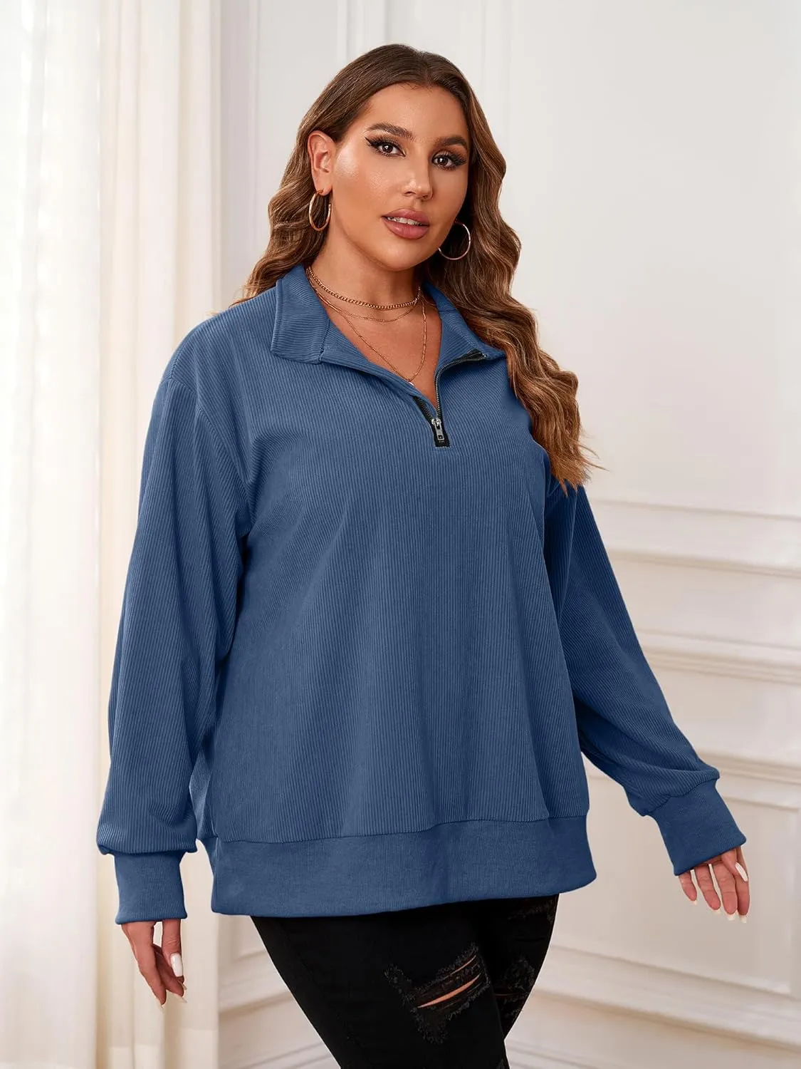 Chulianyouhuo Women Plus Size Oversized Sweatshirt Ribbed Corduroy Half Zip Pullover Tops Casual Long Sleeve Hoodies Clothes