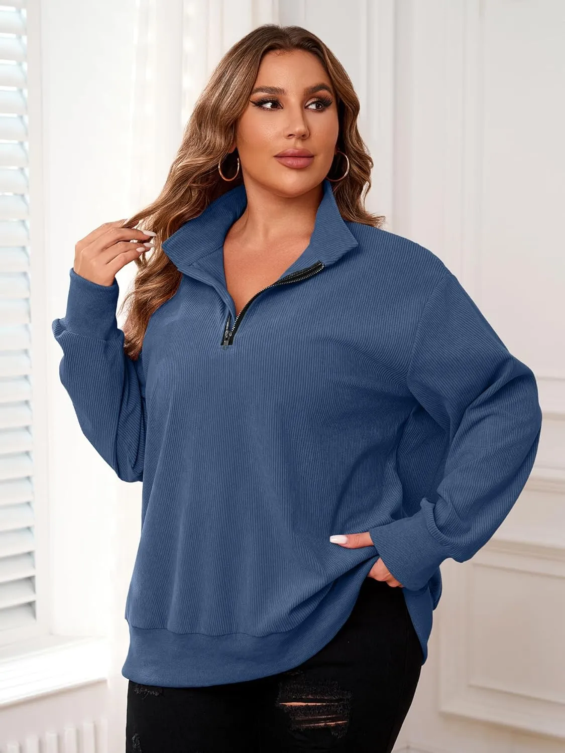 Chulianyouhuo Women Plus Size Oversized Sweatshirt Ribbed Corduroy Half Zip Pullover Tops Casual Long Sleeve Hoodies Clothes
