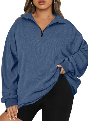 Chulianyouhuo Women Plus Size Oversized Sweatshirt Ribbed Corduroy Half Zip Pullover Tops Casual Long Sleeve Hoodies Clothes