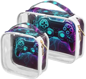 Colorful Game Controller Texture 2 Pack Clear Toiletry Bag Women Men, Portable Waterproof Clear Pouch, Cosmetic Bag with Double Zippers Large Opening Traveling with Handle for Bathroom Traveling Vacat