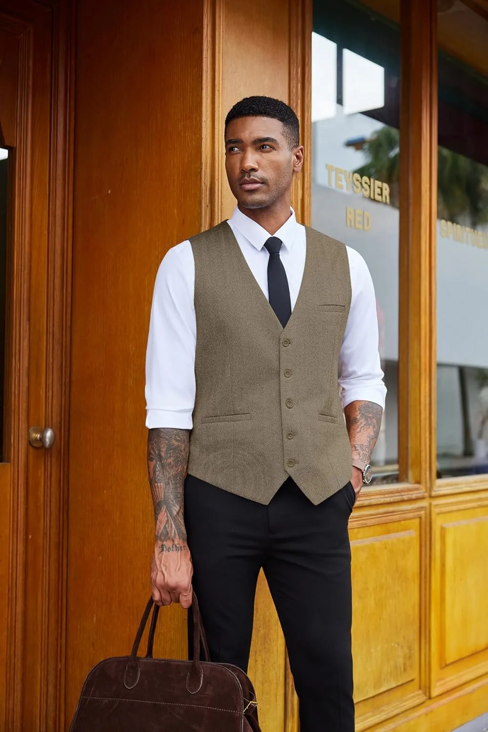 COOFANDY Men's Herringbone Tweed Suit Vests Slim Fit Waistcoat Casual Business Dress Vest