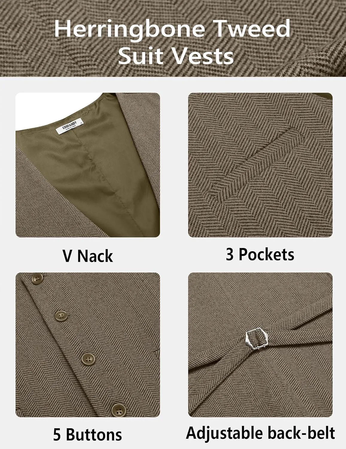 COOFANDY Men's Herringbone Tweed Suit Vests Slim Fit Waistcoat Casual Business Dress Vest