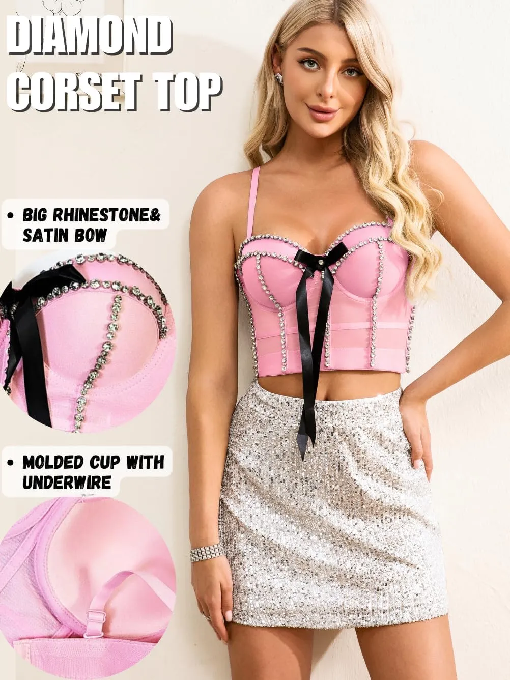 Coquette Diamond Bra Tops with Bow, Push-up Mesh Bustier, Detachable Straps & Side Boning, Concert Birthday Party