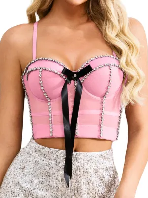 Coquette Diamond Bra Tops with Bow, Push-up Mesh Bustier, Detachable Straps & Side Boning, Concert Birthday Party