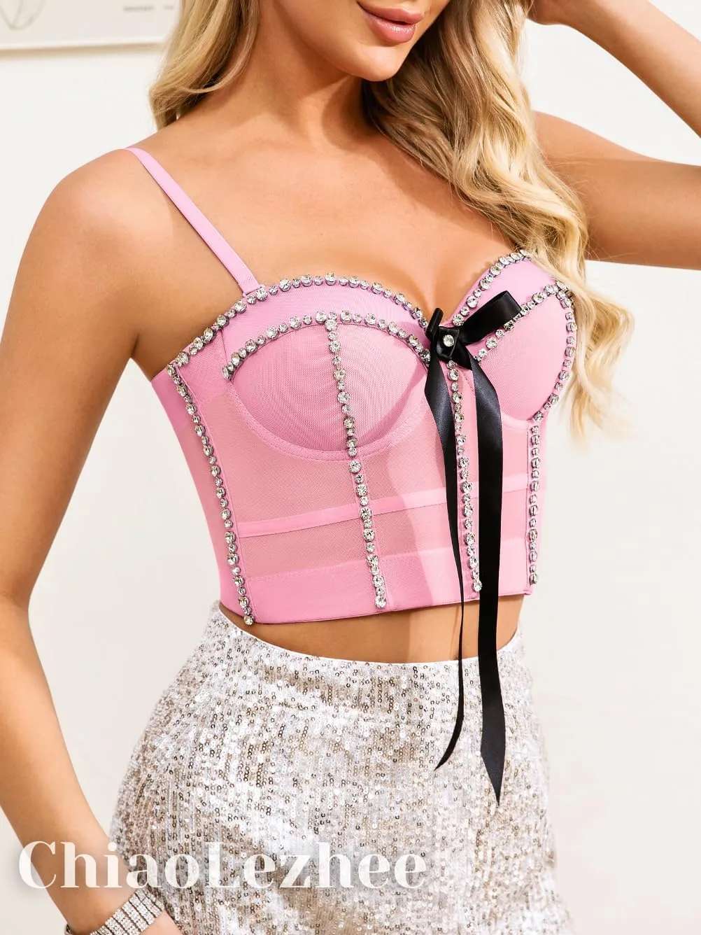 Coquette Diamond Bra Tops with Bow, Push-up Mesh Bustier, Detachable Straps & Side Boning, Concert Birthday Party