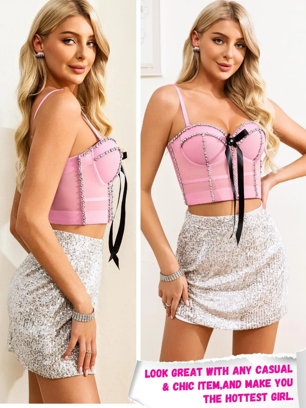 Coquette Diamond Bra Tops with Bow, Push-up Mesh Bustier, Detachable Straps & Side Boning, Concert Birthday Party