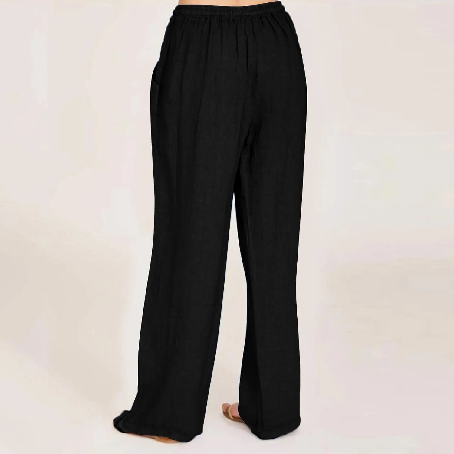 Cotton Linen Pants for Women 2025 Baggy Boho Casual Palazzo Pants Elastic Waist Wide Leg Lounge Trousers with 2 Pockets