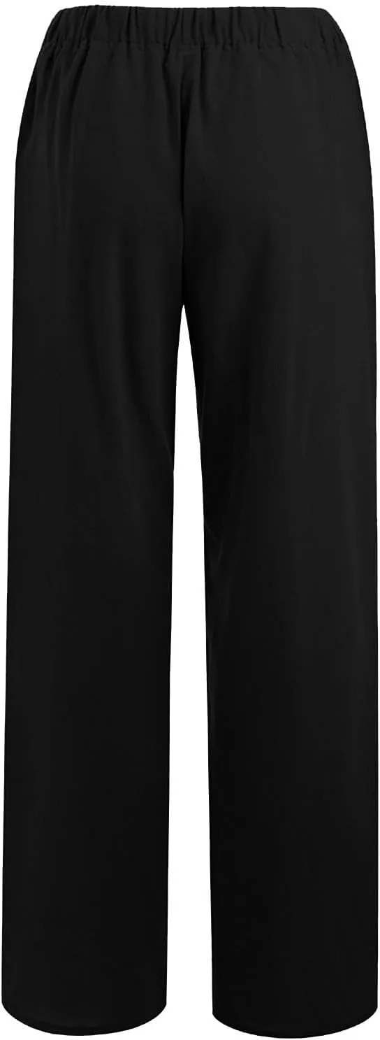 Cotton Linen Pants for Women 2025 Baggy Boho Casual Palazzo Pants Elastic Waist Wide Leg Lounge Trousers with 2 Pockets