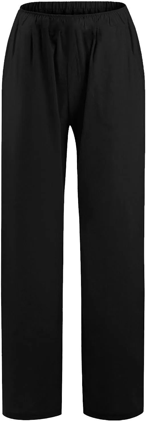 Cotton Linen Pants for Women 2025 Baggy Boho Casual Palazzo Pants Elastic Waist Wide Leg Lounge Trousers with 2 Pockets