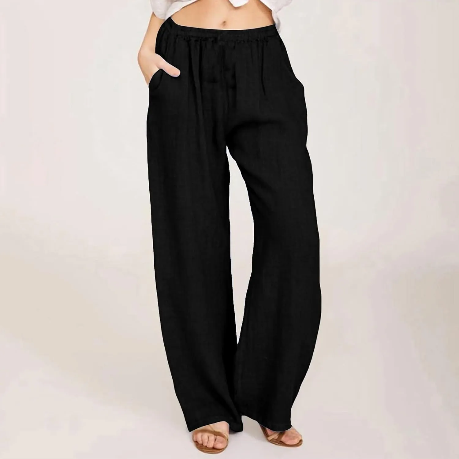 Cotton Linen Pants for Women 2025 Baggy Boho Casual Palazzo Pants Elastic Waist Wide Leg Lounge Trousers with 2 Pockets