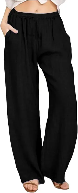 Cotton Linen Pants for Women 2025 Baggy Boho Casual Palazzo Pants Elastic Waist Wide Leg Lounge Trousers with 2 Pockets