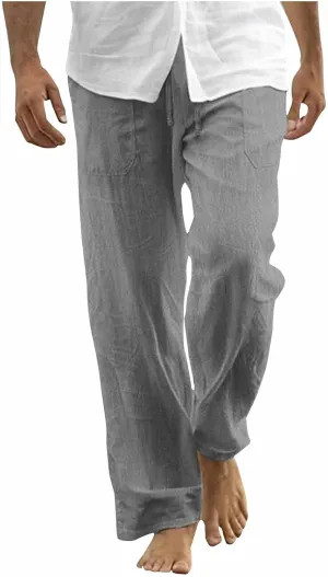 Cotton Linen Pants Men Casual Loose Fit Elastic Drawstring Waist Wide Leg Pant Lightweight Summer Beach Pants Pockets