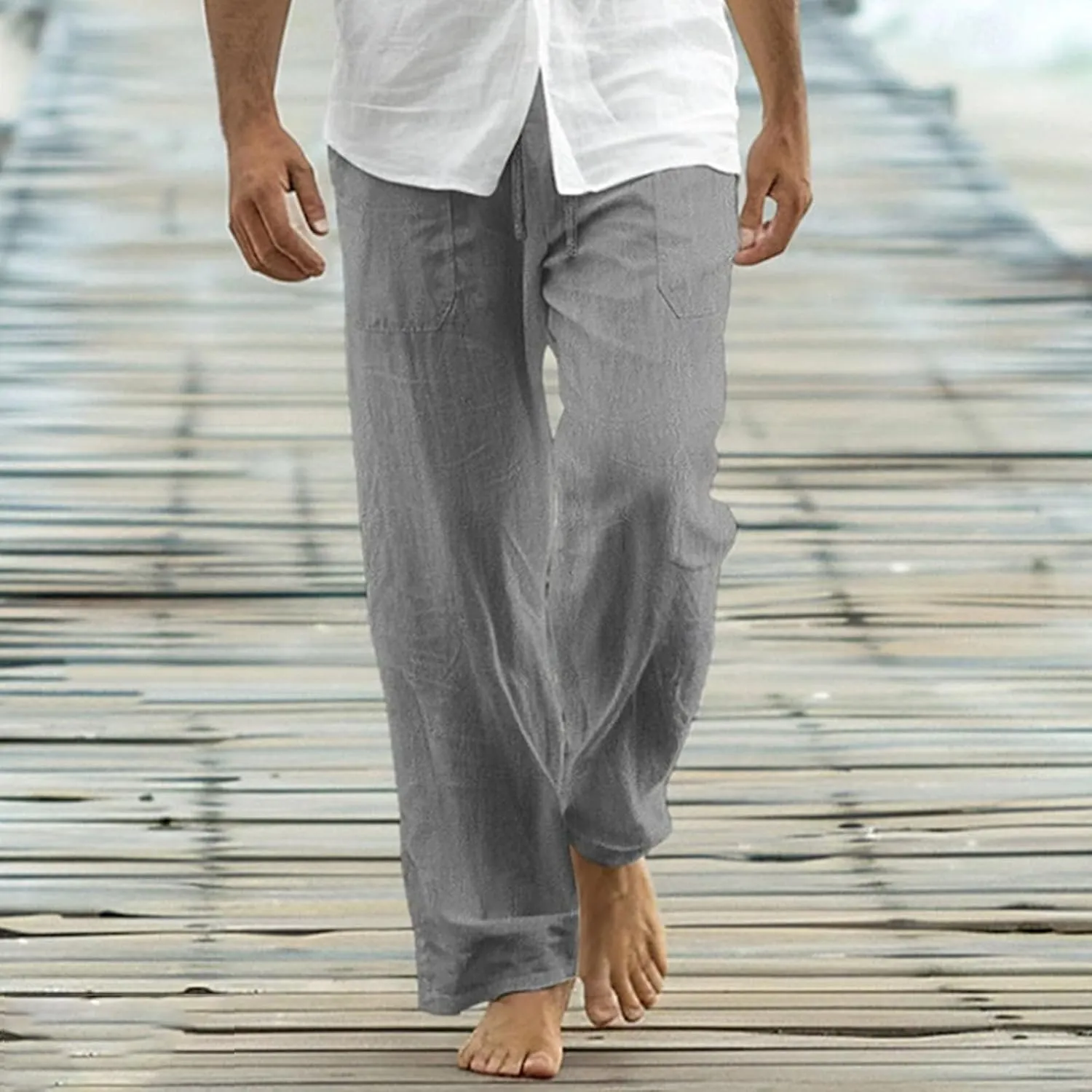 Cotton Linen Pants Men Casual Loose Fit Elastic Drawstring Waist Wide Leg Pant Lightweight Summer Beach Pants Pockets
