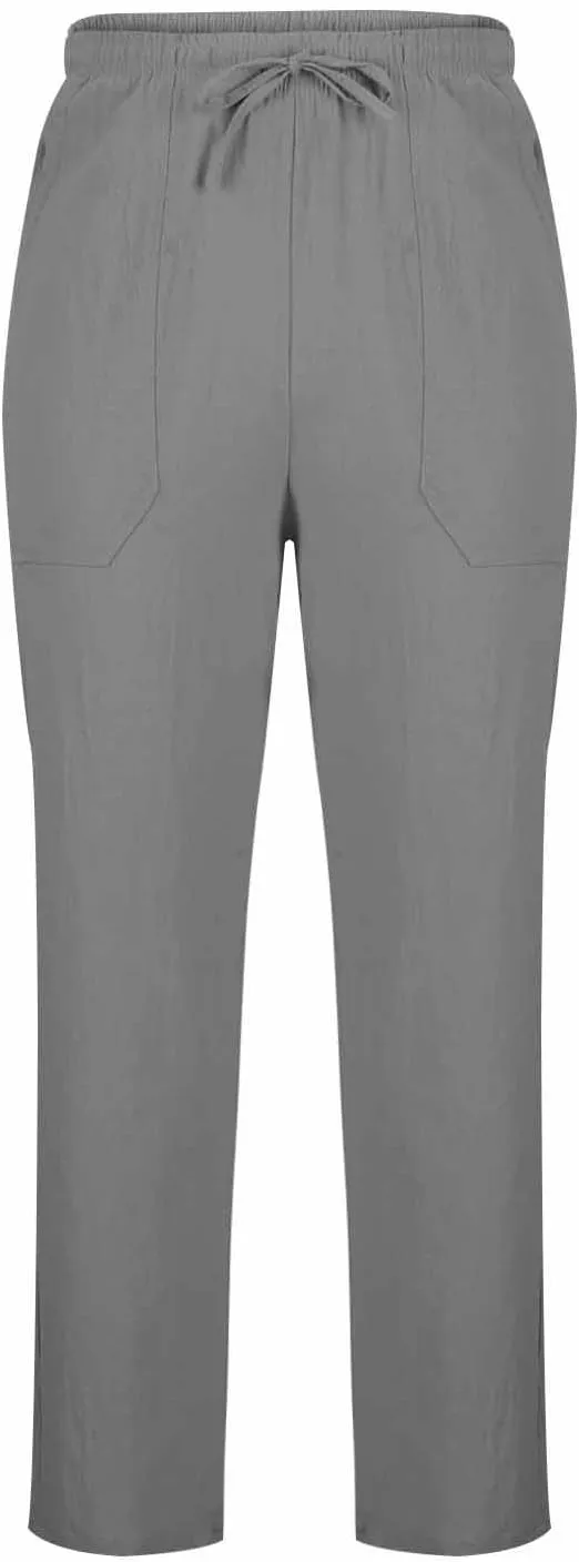 Cotton Linen Pants Men Casual Loose Fit Elastic Drawstring Waist Wide Leg Pant Lightweight Summer Beach Pants Pockets