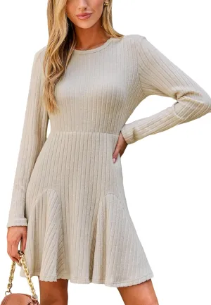 CUPSHE Women's Ruffled Hem Mini Fall Dress Ribbed Knit Crew Neck Long Sleeve A Line Semi Formal Casual Winter Dresses