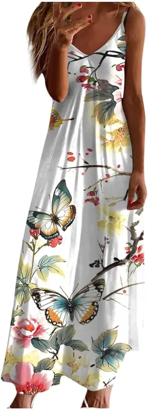 Deals Lightning of Today Prime My Recent Orders Placed by Me Maxi Dress for Women Sleeveless Casual V Neck Ruffle Dresses 2024 Lightweight Floral Boho Dress Summer Dress Multicolor,L