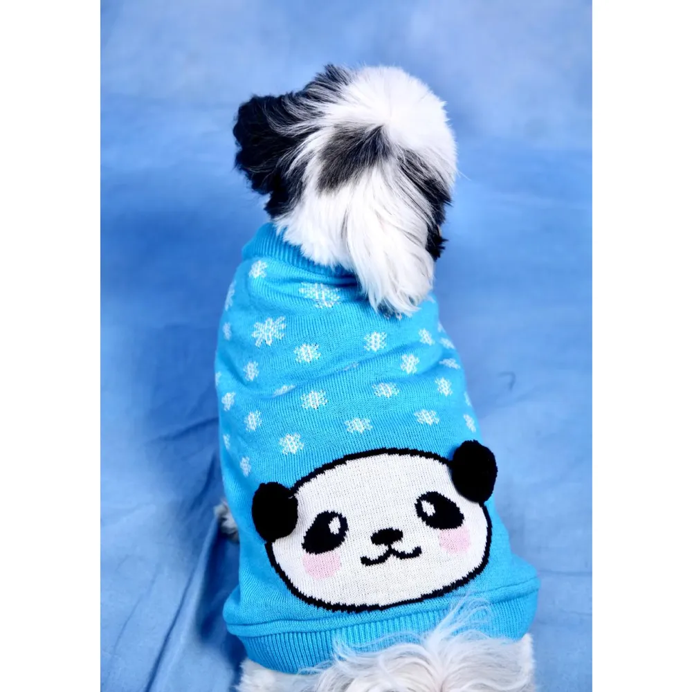 Dogobow Panda Knit Sweater for Dogs and Cats (Blue) (Get a Bow Free)