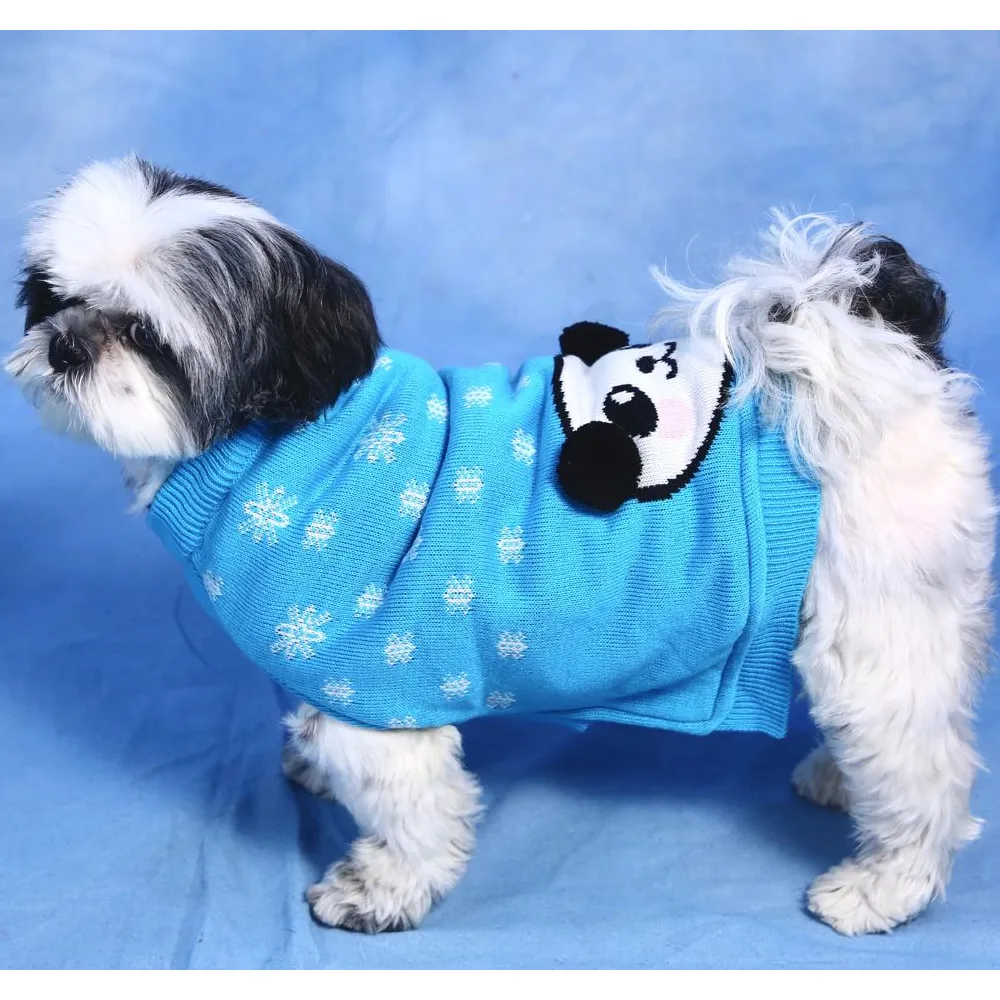 Dogobow Panda Knit Sweater for Dogs and Cats (Blue) (Get a Bow Free)
