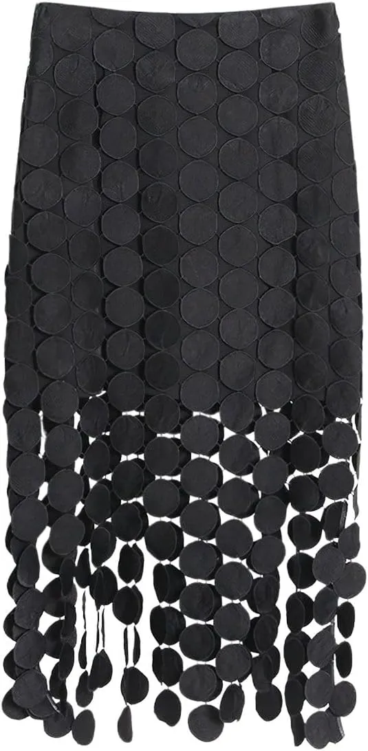 ebossy Women Flowy Polka Dot Fringe Long Skirt High Waist A Line Tassel Trim Cocktail Party Midi Skirt