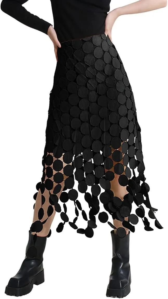 ebossy Women Flowy Polka Dot Fringe Long Skirt High Waist A Line Tassel Trim Cocktail Party Midi Skirt