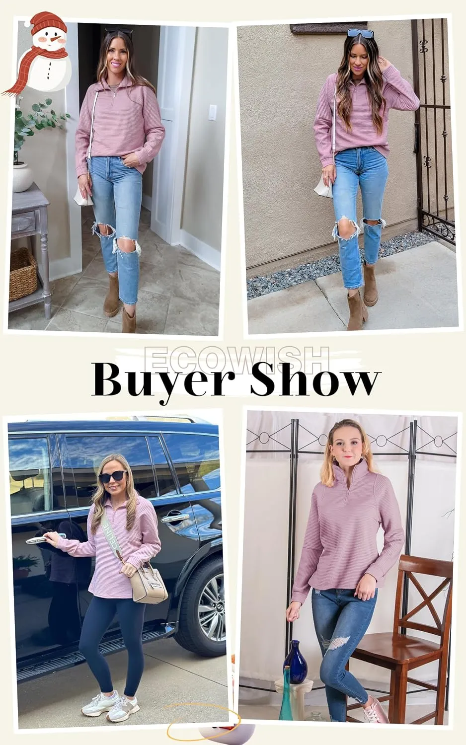 ECOWISH Womens Sweateshirt Quarter Zip: Fall Fashion 2025 Tops Winter Oversized Hoodie Ribbed Qulited Pullover V Neck Outfit