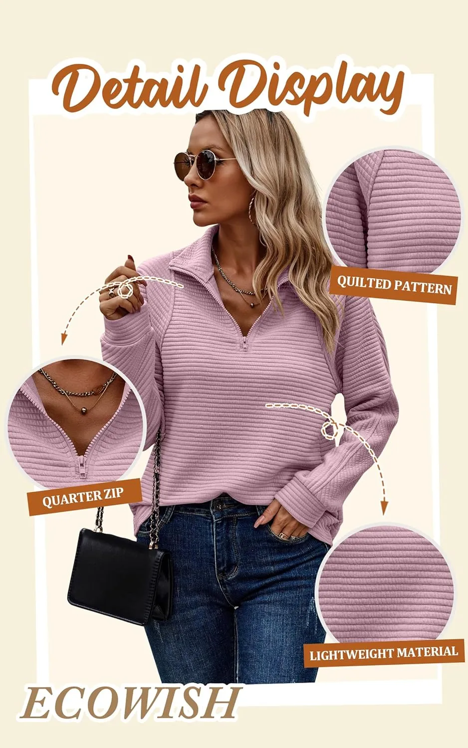 ECOWISH Womens Sweateshirt Quarter Zip: Fall Fashion 2025 Tops Winter Oversized Hoodie Ribbed Qulited Pullover V Neck Outfit