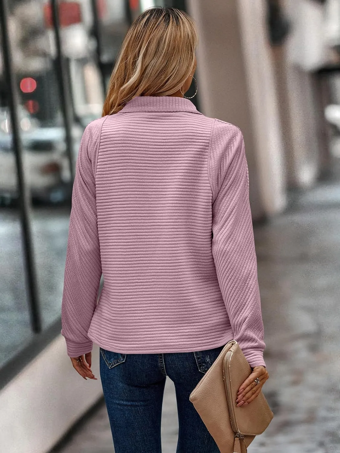 ECOWISH Womens Sweateshirt Quarter Zip: Fall Fashion 2025 Tops Winter Oversized Hoodie Ribbed Qulited Pullover V Neck Outfit