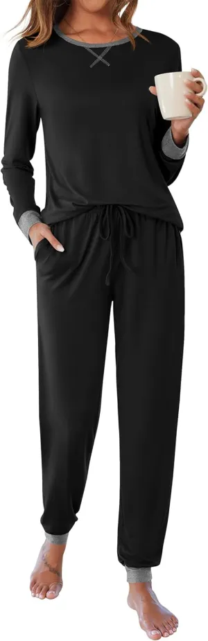 Ekouaer Women's Pajamas Sets Long Sleeve Pjs Soft Sleepwear O Neck 2 Piece Joggers Loung Set with Pockets Black X-Large