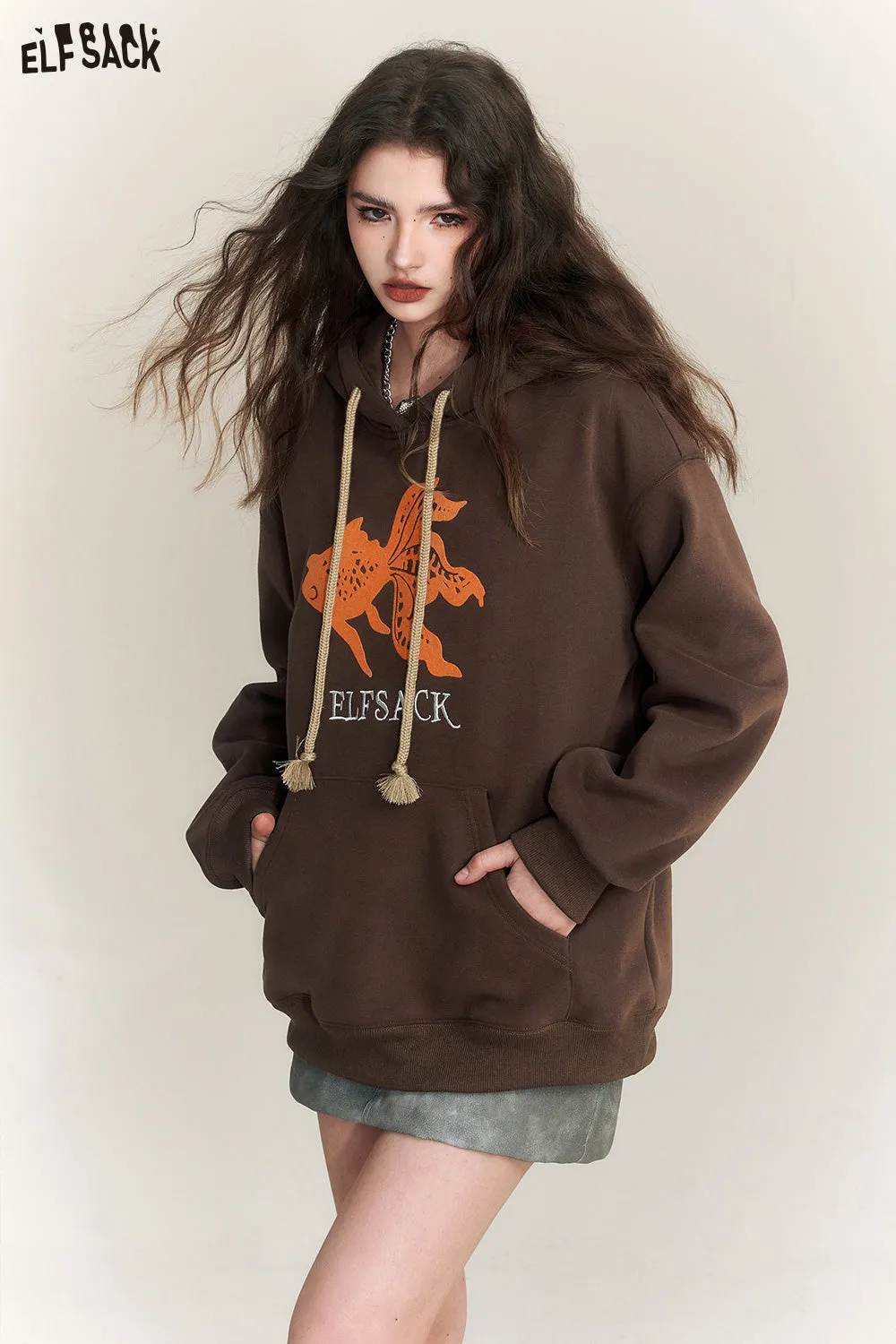 ELFSACK Graphic Goldfish Hoodies Women 2023 Winter New Chinese Style Plus Size Tops