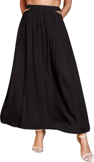 Ezcosplay Womens Cut Out Elastic High Waist Maxi Skirt Summer Flowy A-Line Long Skirt