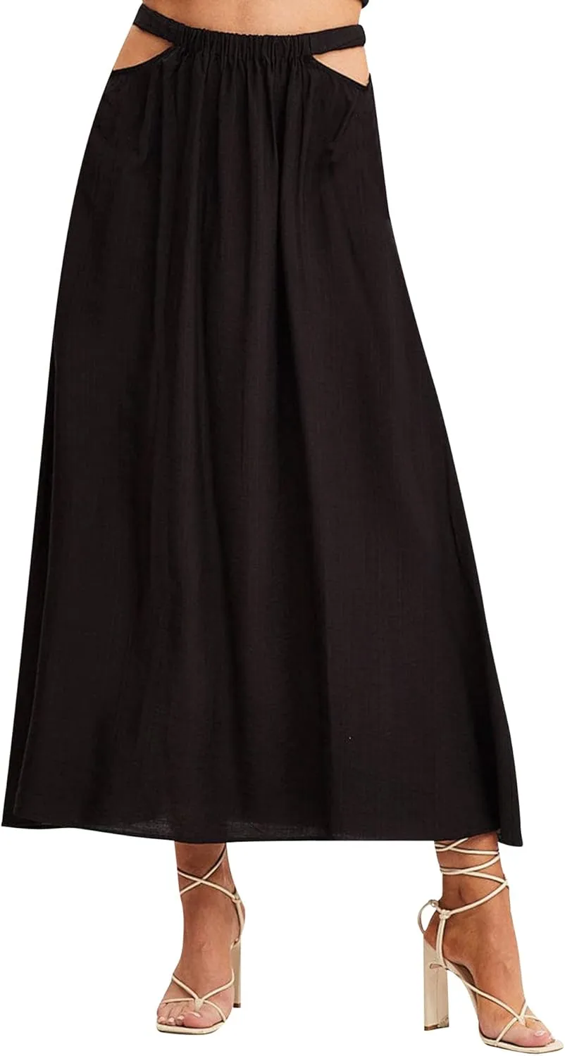 Ezcosplay Womens Cut Out Elastic High Waist Maxi Skirt Summer Flowy A-Line Long Skirt
