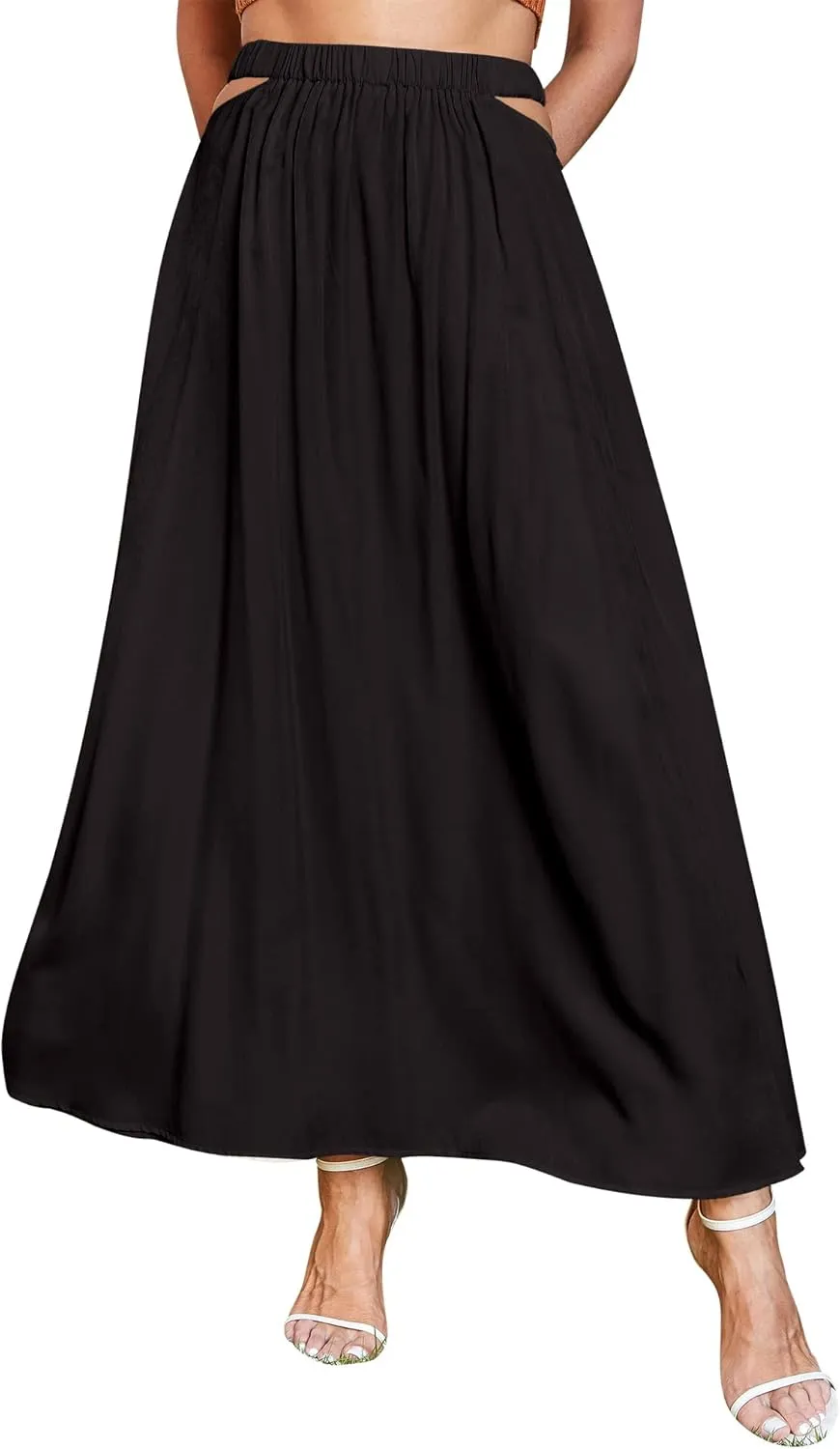 Ezcosplay Womens Cut Out Elastic High Waist Maxi Skirt Summer Flowy A-Line Long Skirt