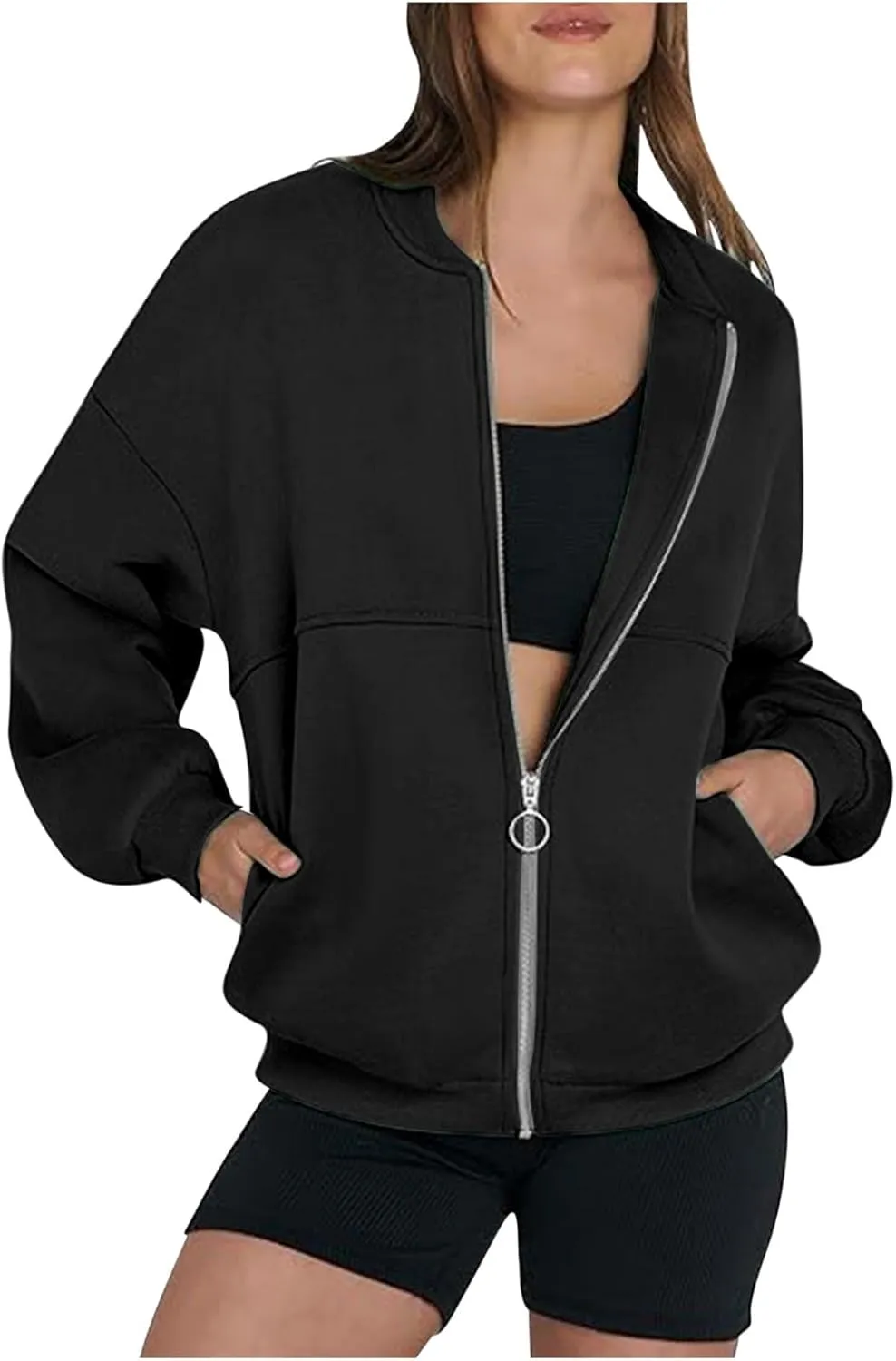 Fall Jackets for Women Zip Up Sweatshirts Long Sleeve Shirts Bomber Jacket with Pockets Fleece Sweaters Tops