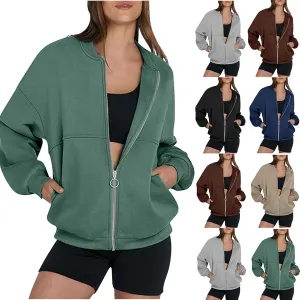 Fall Jackets for Women Zip Up Sweatshirts Long Sleeve Shirts Bomber Jacket with Pockets Fleece Sweaters Tops